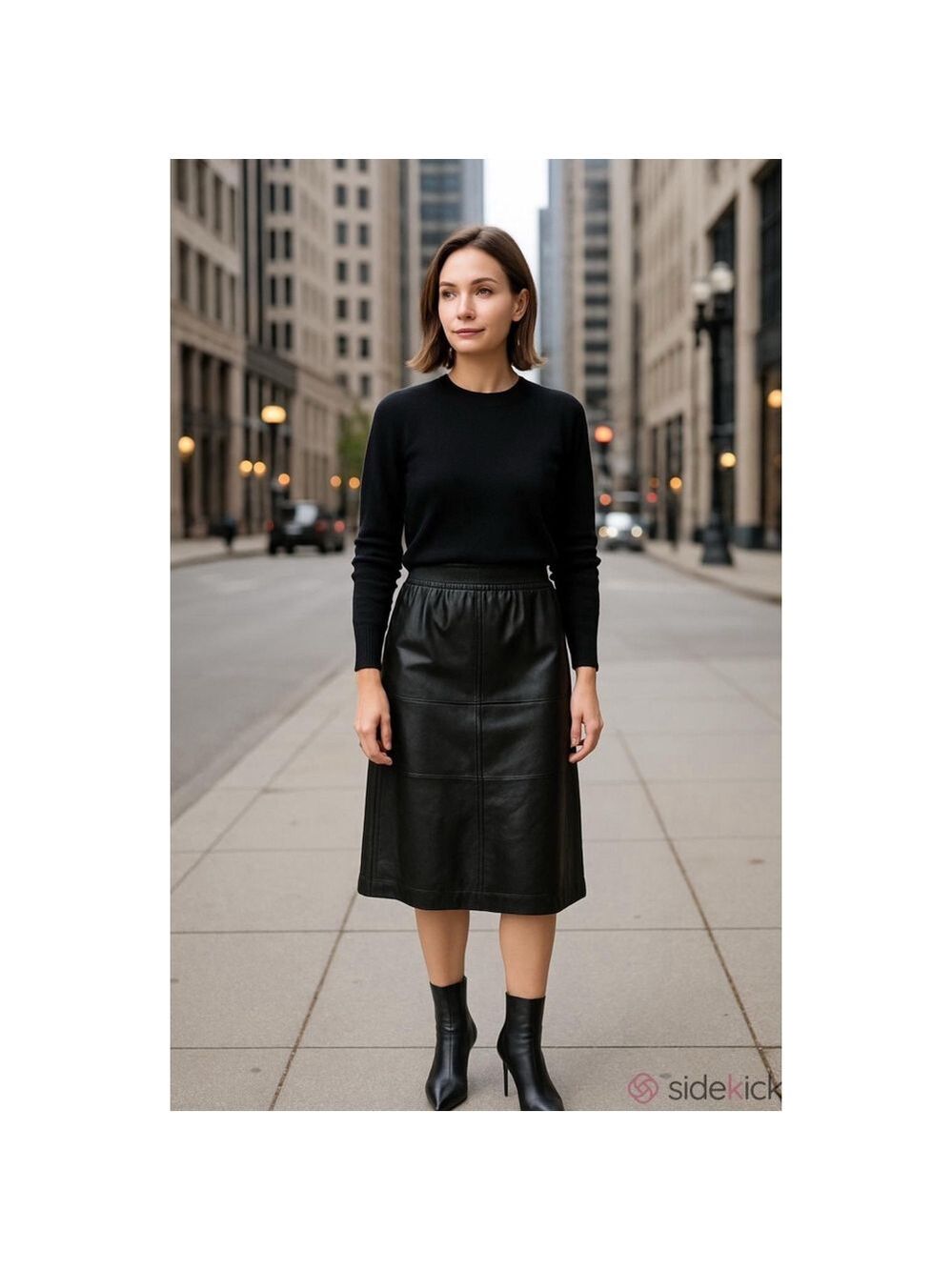 Vintage JFS Signature 100% Leather Midi Skirt Large Black Lined Elastic Waist